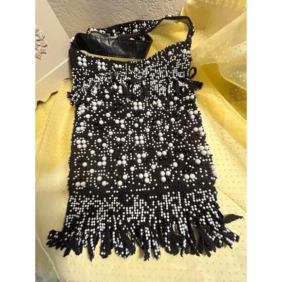 Vtg Boho Hippie Beaded Shoulder Handbag, Blk/Wht Beads, Made in Hong Kong - Picture 2 of 9